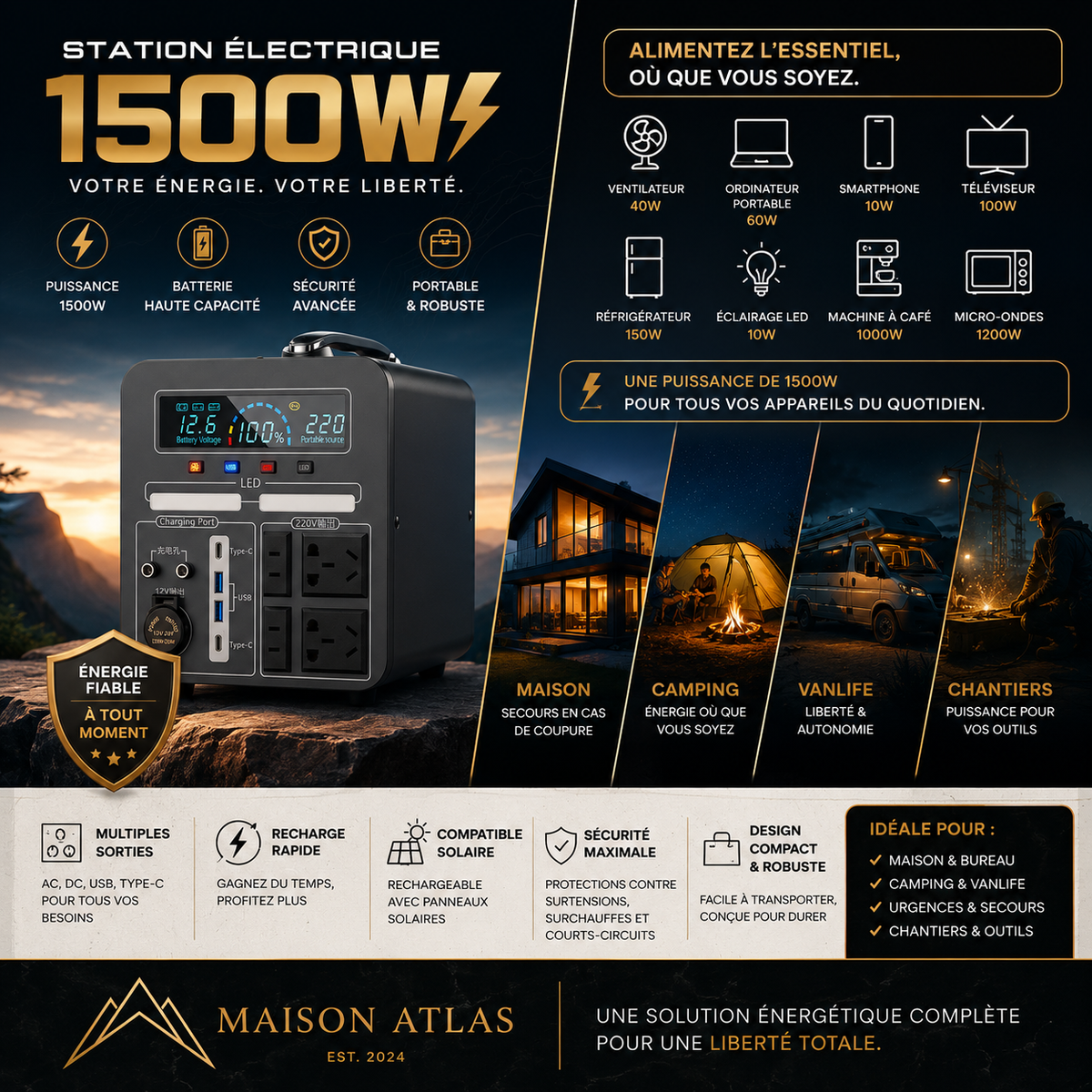 ⚡ STATION ÉLECTRIQUE PORTABLE 1500W